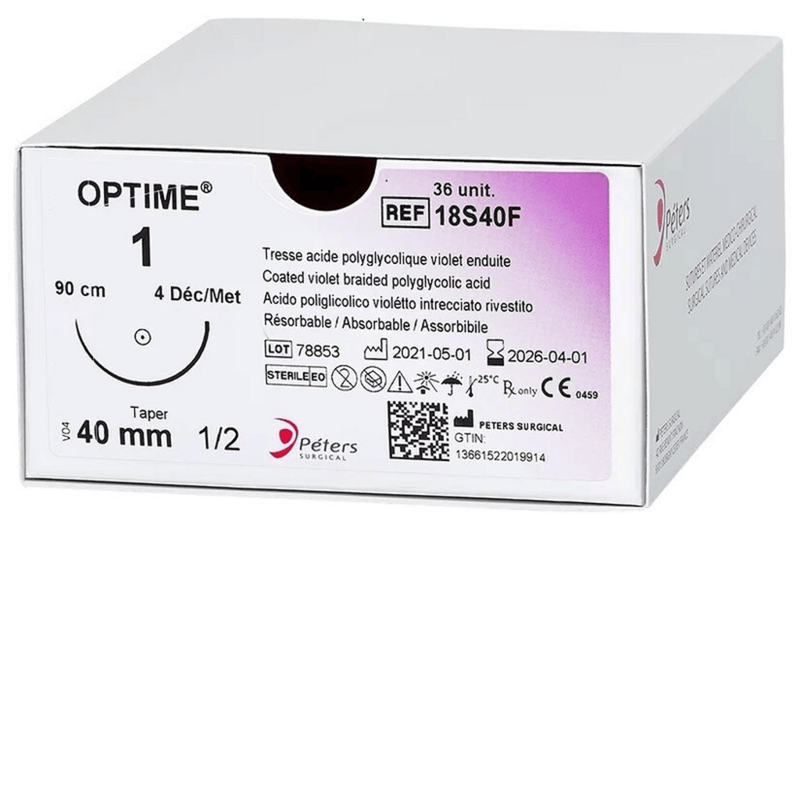 Оптім (Полігліколід), USP0, фіол. 90см, голка кол-ріж 1х40мм, 1/2кола, 18G35AF